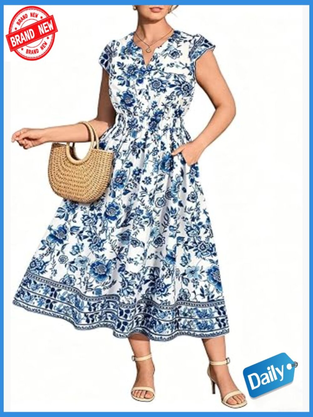 Plus Size Ruffle Cap Sleeve V Neck Maxi Dress Pockets